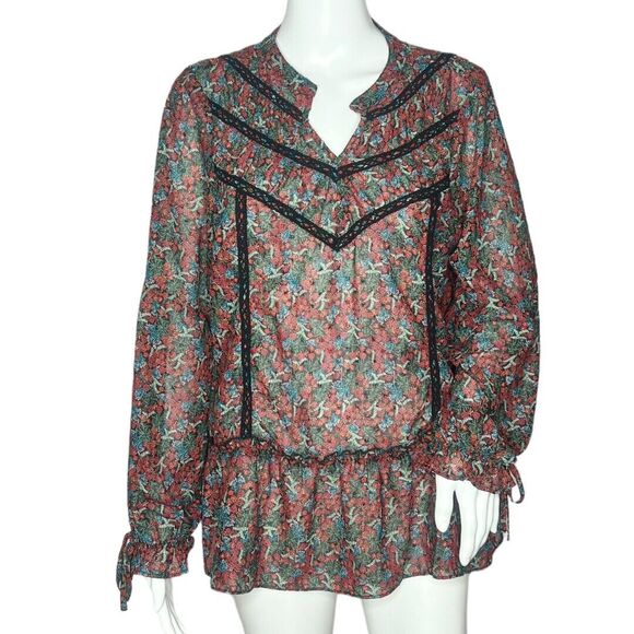 Matilda Jane Shirt Women Large Red Blue Carol Top Crochet Boho Cottagecore - Picture 1 of 9